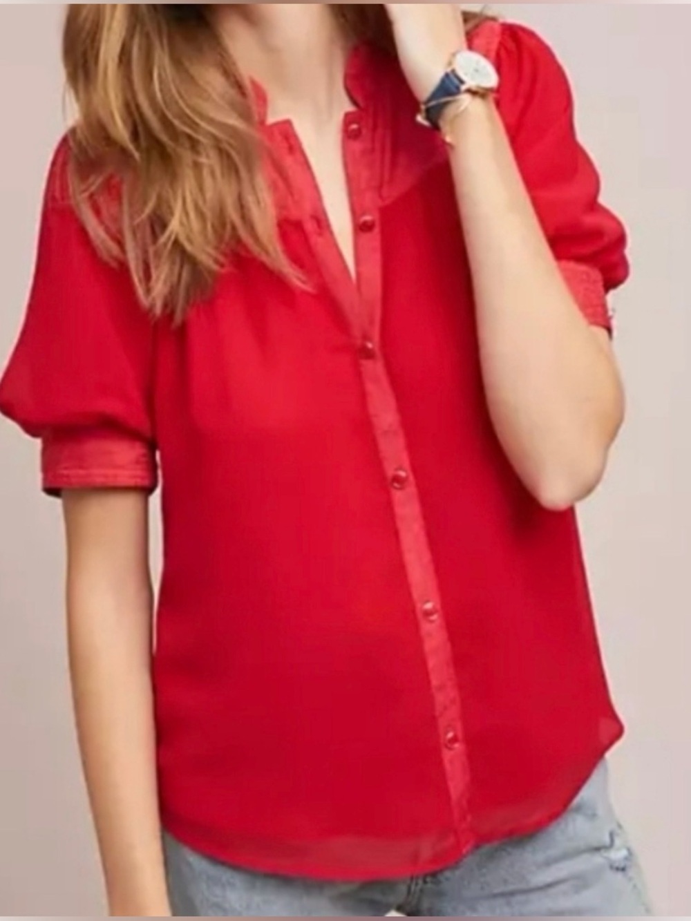 Maeve by Anthropologie Lavoie Red Puff Sleeve Blouse Size 0